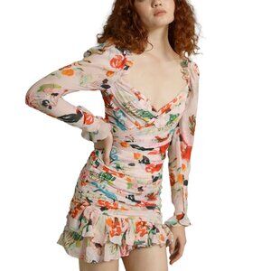 NWT Sau Lee Christy Floral Print Ruched Ruffle Mini Dress Pink Multi Size 2